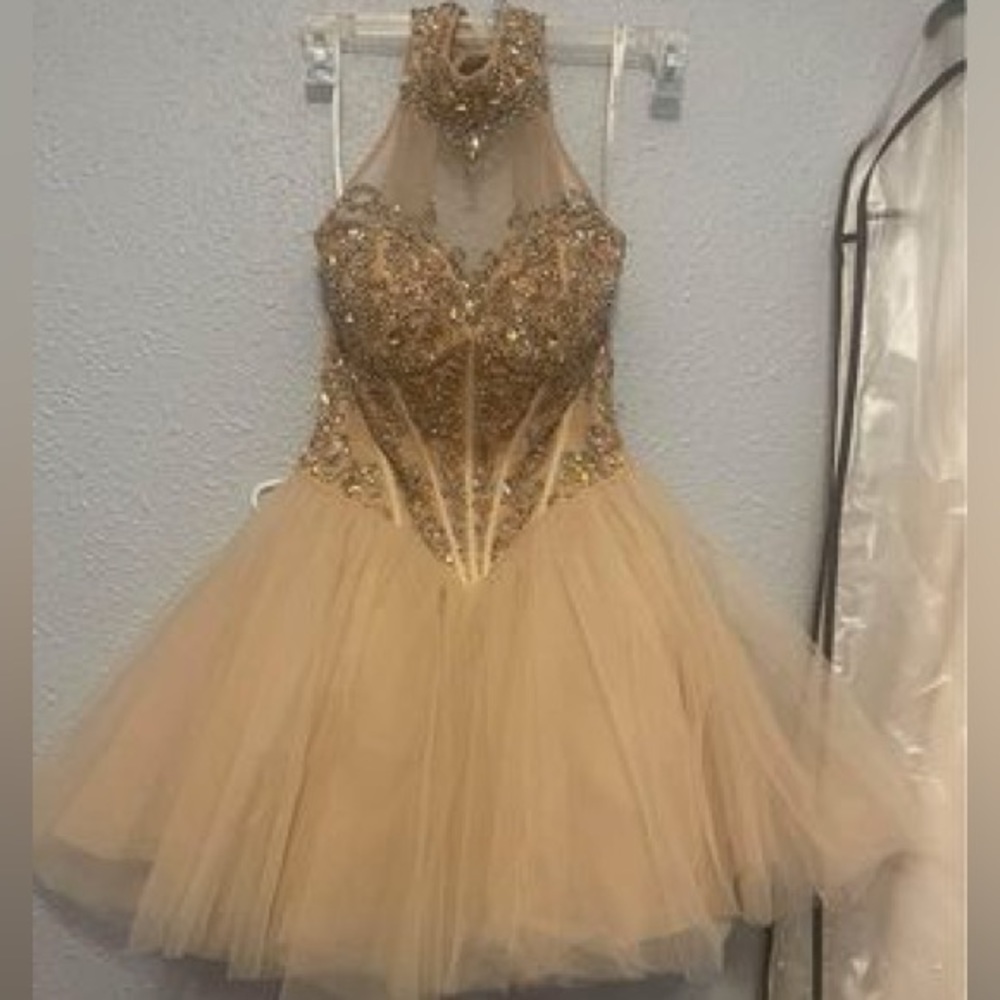 Sherri Hill Gold Beaded Tulle Prom Dress